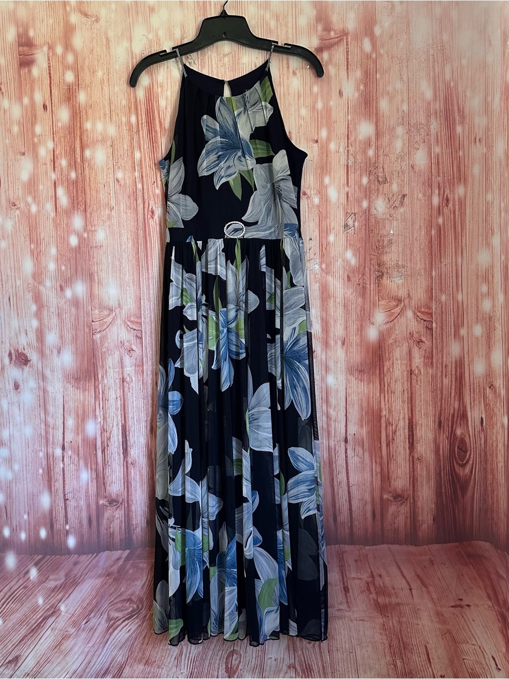 Enfocus Petite Navy Blue Mesh Overlay Bright Blue Floral Print Maxi Dress Sz 4P